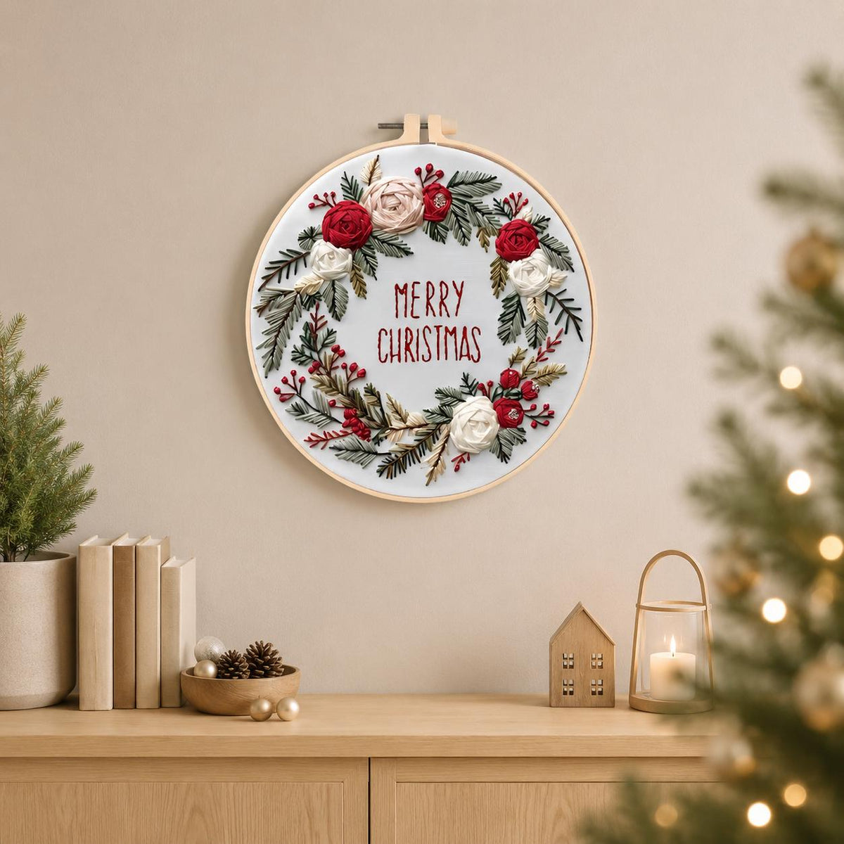 Christmas Wreath Embroidery Kit, Floral Merry Christmas Hoop Art (20 cm)
