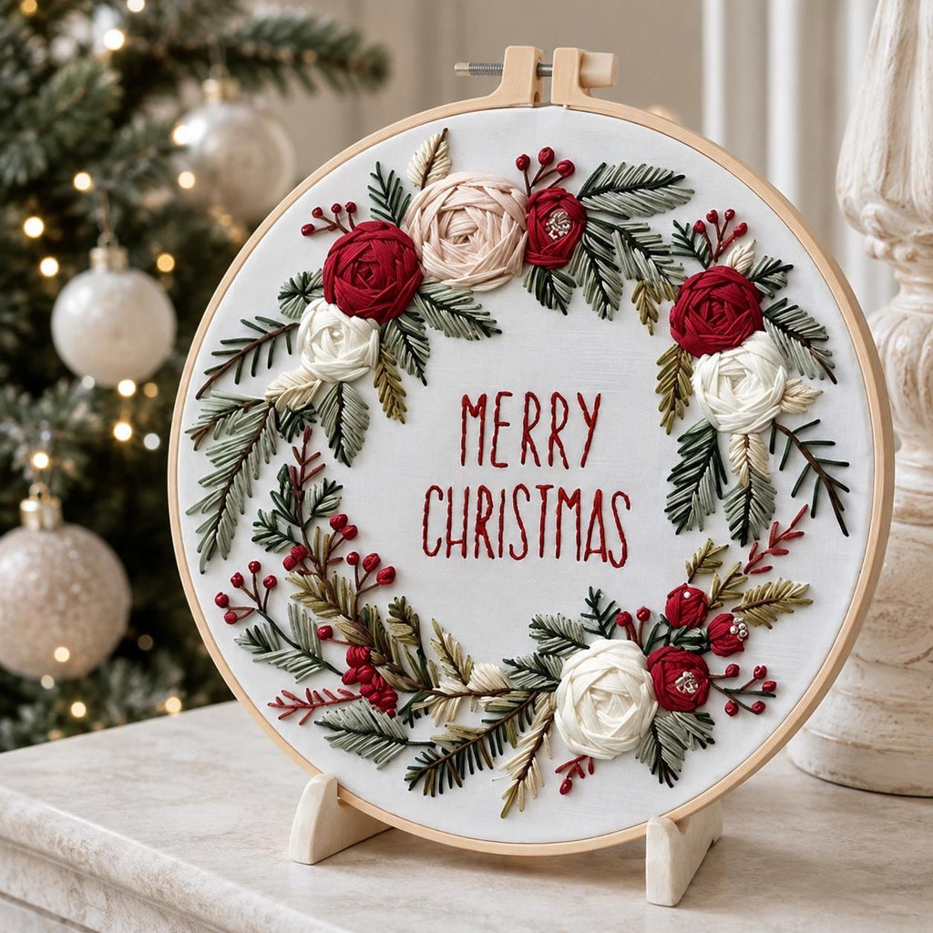 Christmas Wreath Embroidery Kit, Floral Merry Christmas Hoop Art (20 cm)