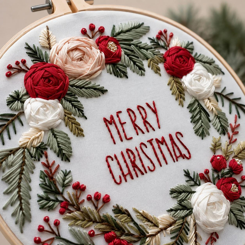 Christmas Wreath Embroidery Kit, Floral Merry Christmas Hoop Art (20 cm)