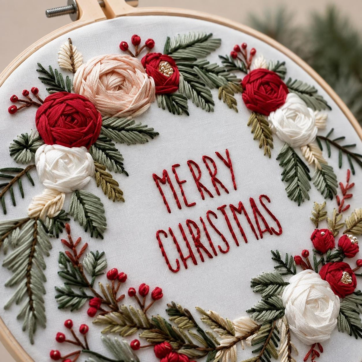 Christmas Wreath Embroidery Kit, Floral Merry Christmas Hoop Art (20 cm)