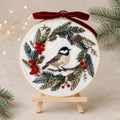 Christmas Bird Embroidery Kit for Beginners, Chickadee Winter Wreath DIY Needlework Set, 20 cm Holiday Craft Gift for Adults
