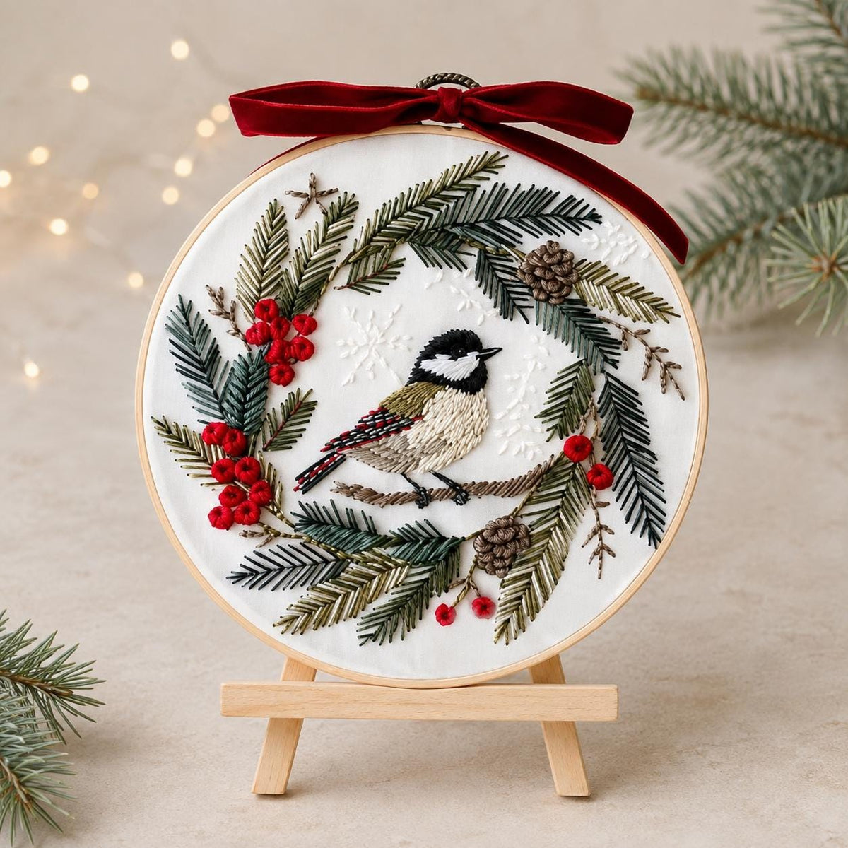 Christmas Bird Embroidery Kit for Beginners, Chickadee Winter Wreath DIY Needlework Set, 20 cm Holiday Craft Gift for Adults