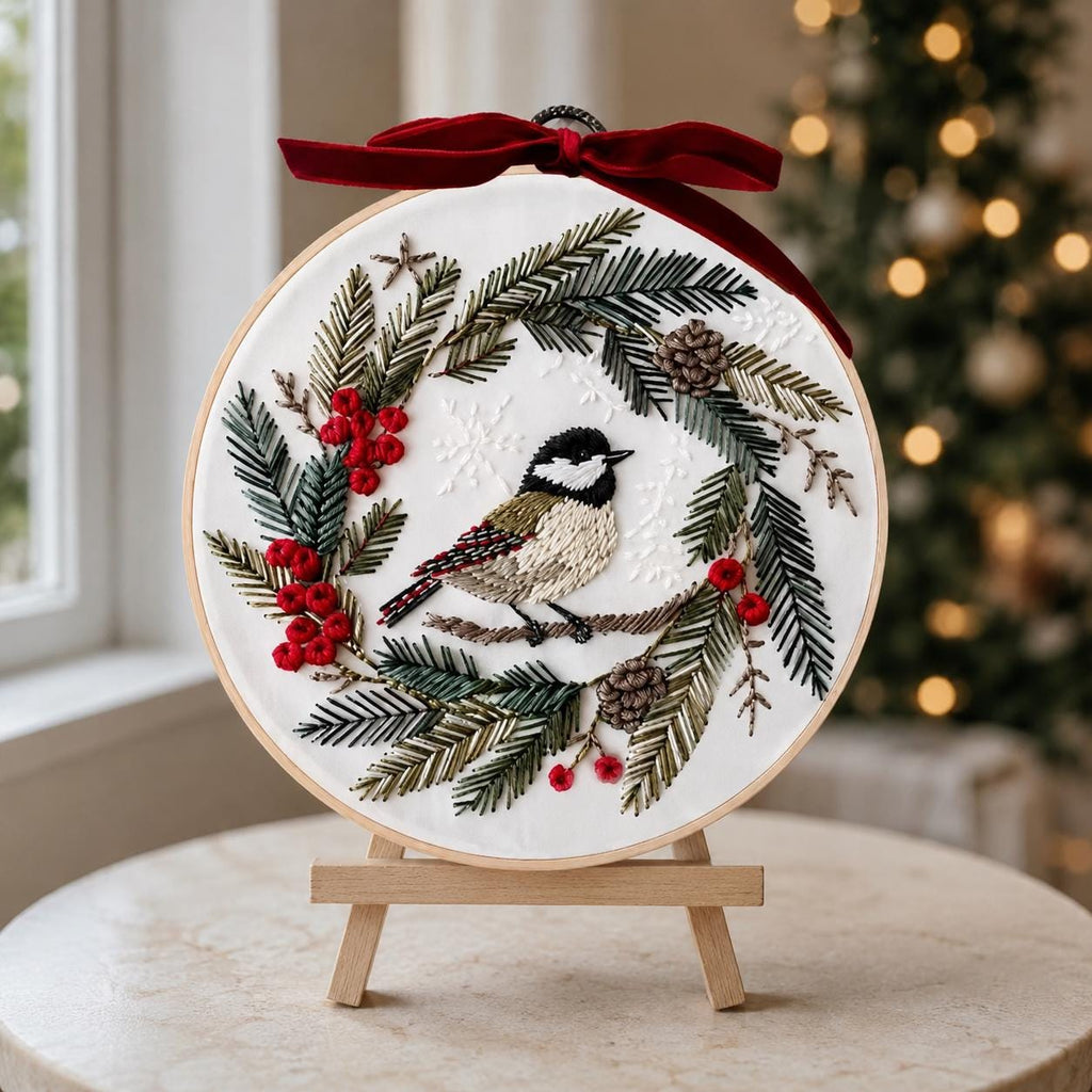 Christmas Bird Embroidery Kit for Beginners, Chickadee Winter Wreath DIY Needlework Set, 20 cm Holiday Craft Gift for Adults