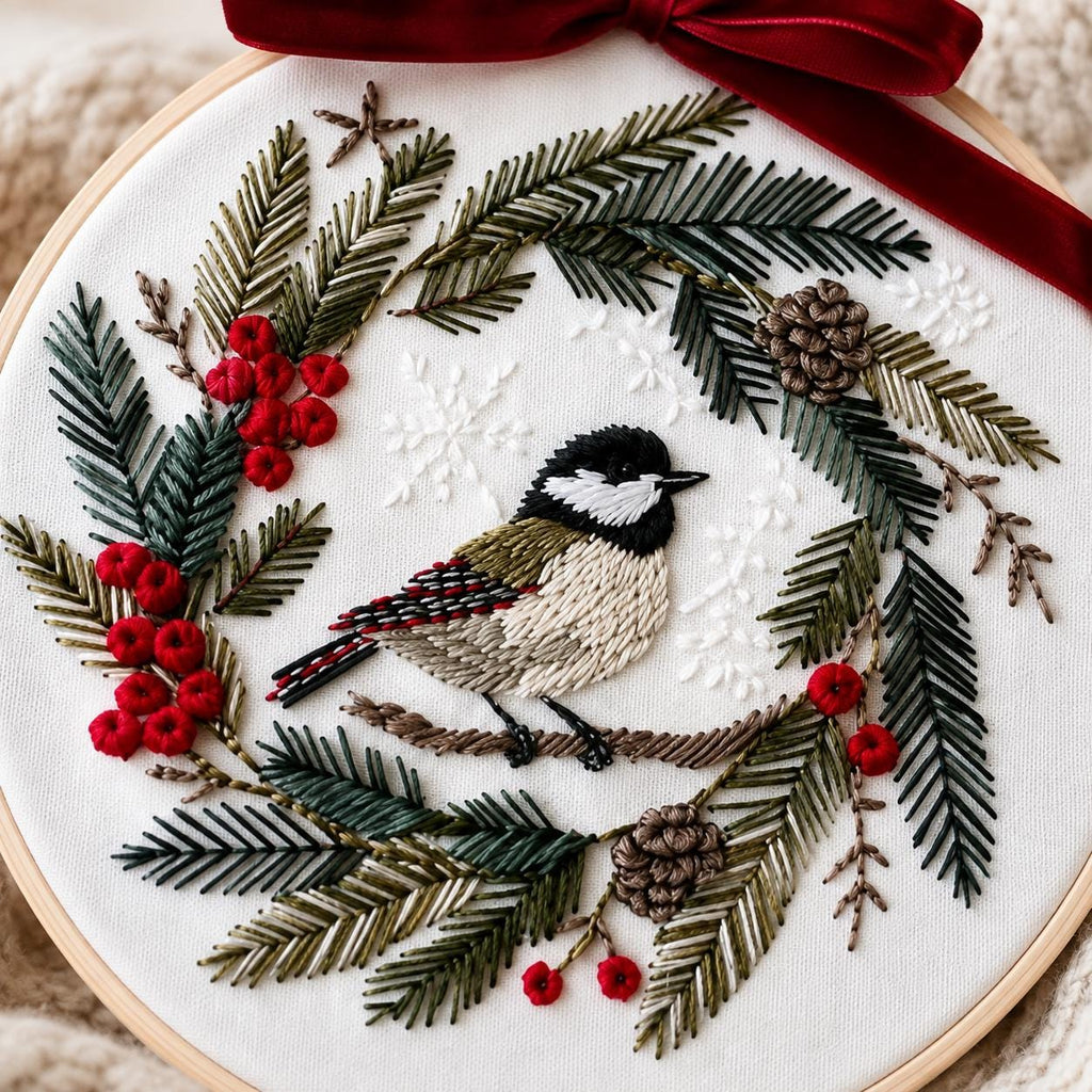 Christmas Bird Embroidery Kit for Beginners, Chickadee Winter Wreath DIY Needlework Set, 20 cm Holiday Craft Gift for Adults