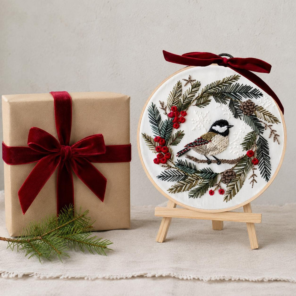 Christmas Bird Embroidery Kit for Beginners, Chickadee Winter Wreath DIY Needlework Set, 20 cm Holiday Craft Gift for Adults