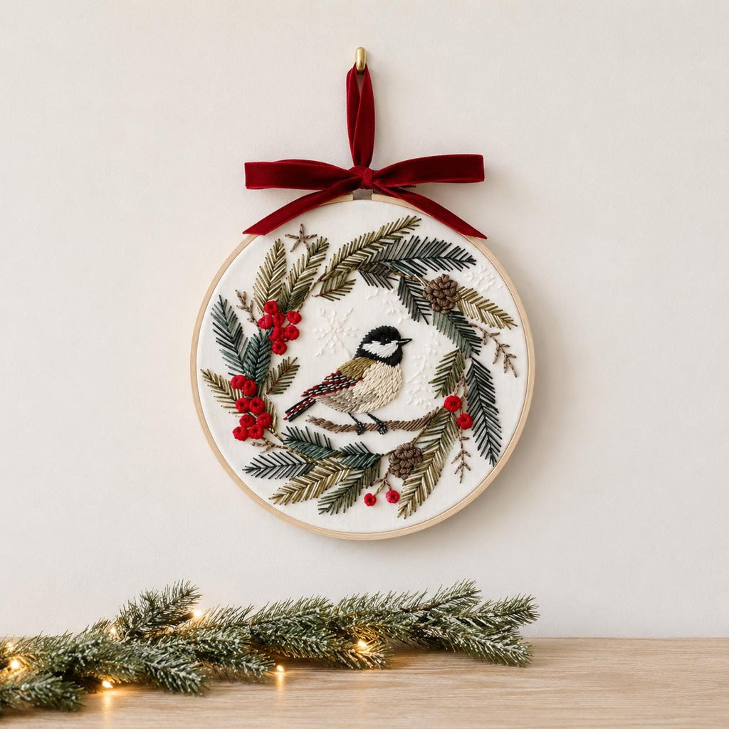 Christmas Bird Embroidery Kit for Beginners, Chickadee Winter Wreath DIY Needlework Set, 20 cm Holiday Craft Gift for Adults