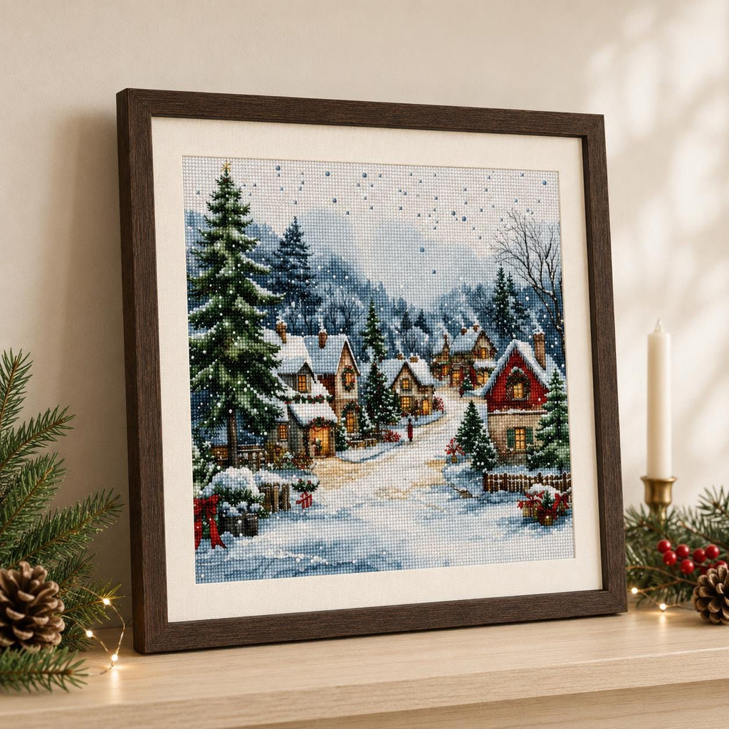 Stamped Winter Village Cross Stitch Kit, 40 x 40 cm Pre-Printed Canvas, 11CT or 14CT Christmas Needlework for Adults