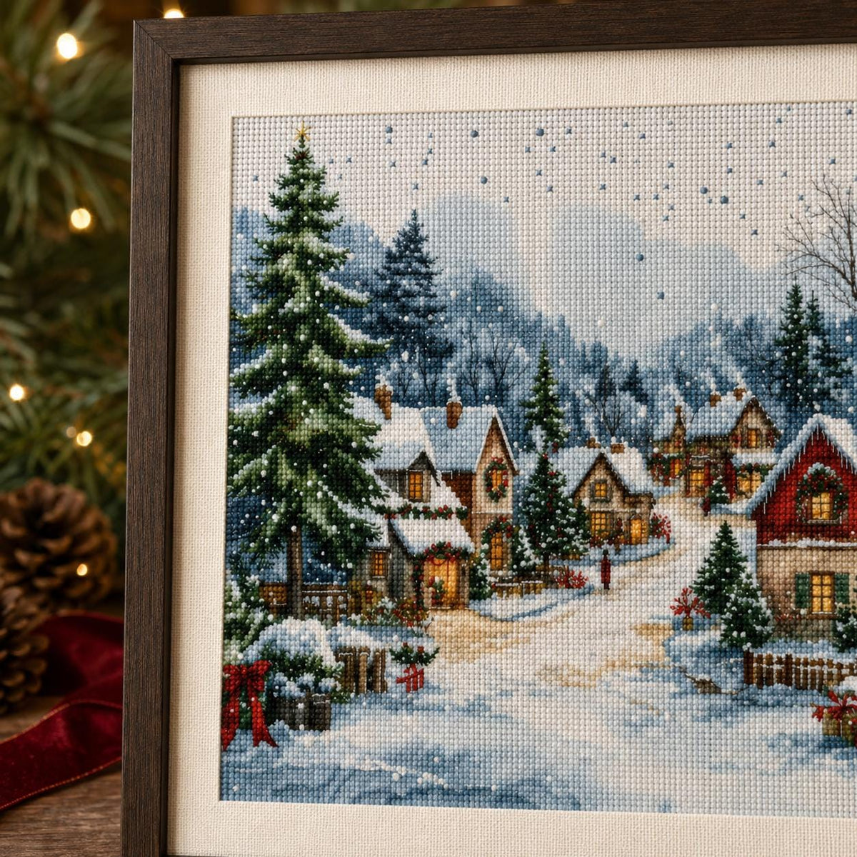 Stamped Winter Village Cross Stitch Kit, 40 x 40 cm Pre-Printed Canvas, 11CT or 14CT Christmas Needlework for Adults