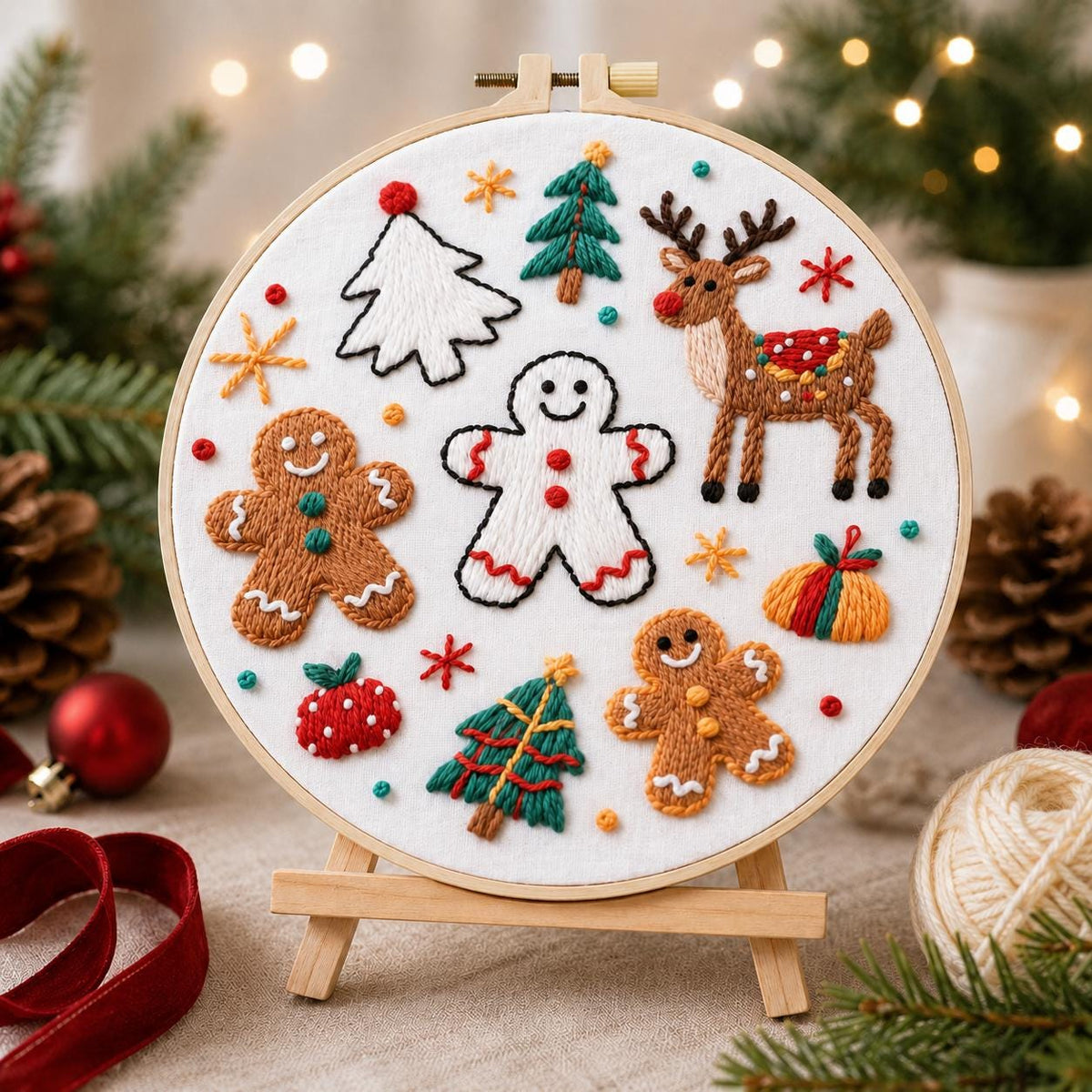 Christmas Embroidery Kit, Gingerbread Reindeer, Beginner DIY Needlework (15cm or 20cm)