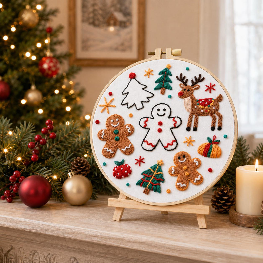 Christmas Embroidery Kit, Gingerbread Reindeer, Beginner DIY Needlework (15cm or 20cm)