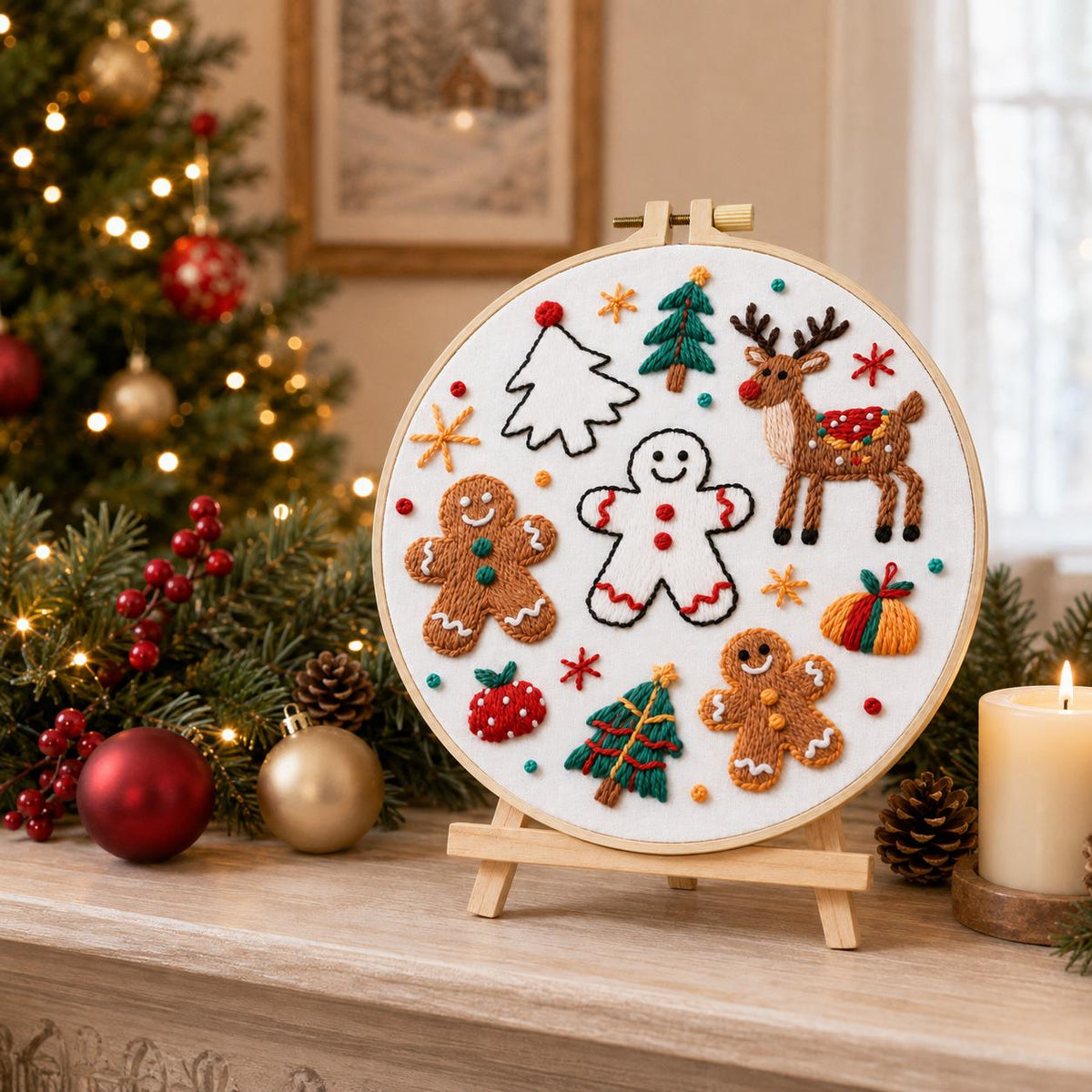 Christmas Embroidery Kit, Gingerbread Reindeer, Beginner DIY Needlework (15cm or 20cm)