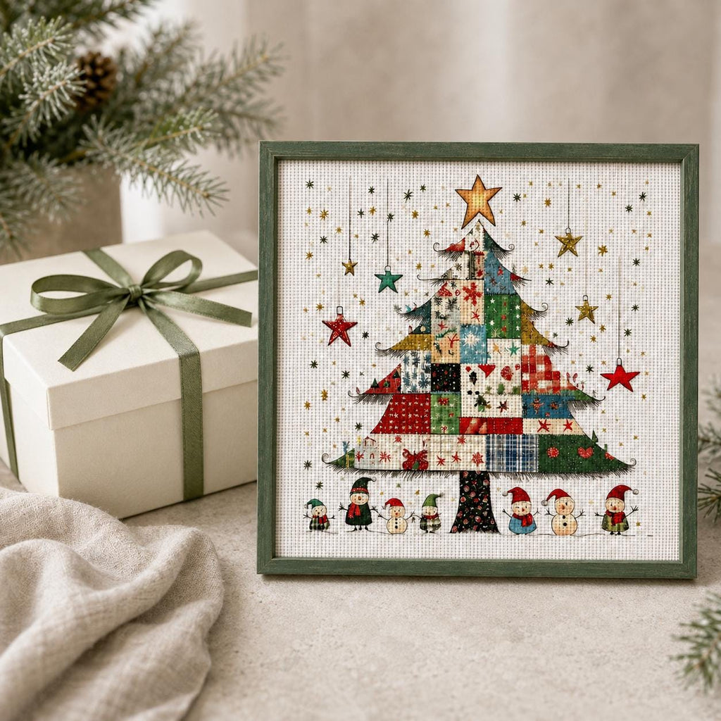 Stamped Christmas Tree Cross Stitch Kit, 40 x 40 cm, 11CT or 14CT Pre-Printed Canvas, Holiday Needlework Kit for Adults