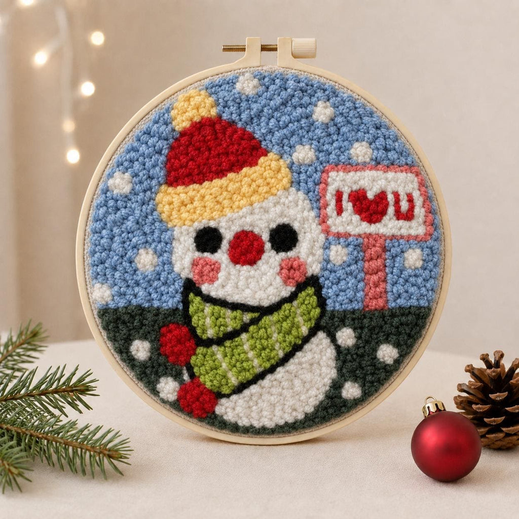Snowman Punch Needle Kit, 20 cm Christmas Embroidery Hoop Art (DIY Starter Set)