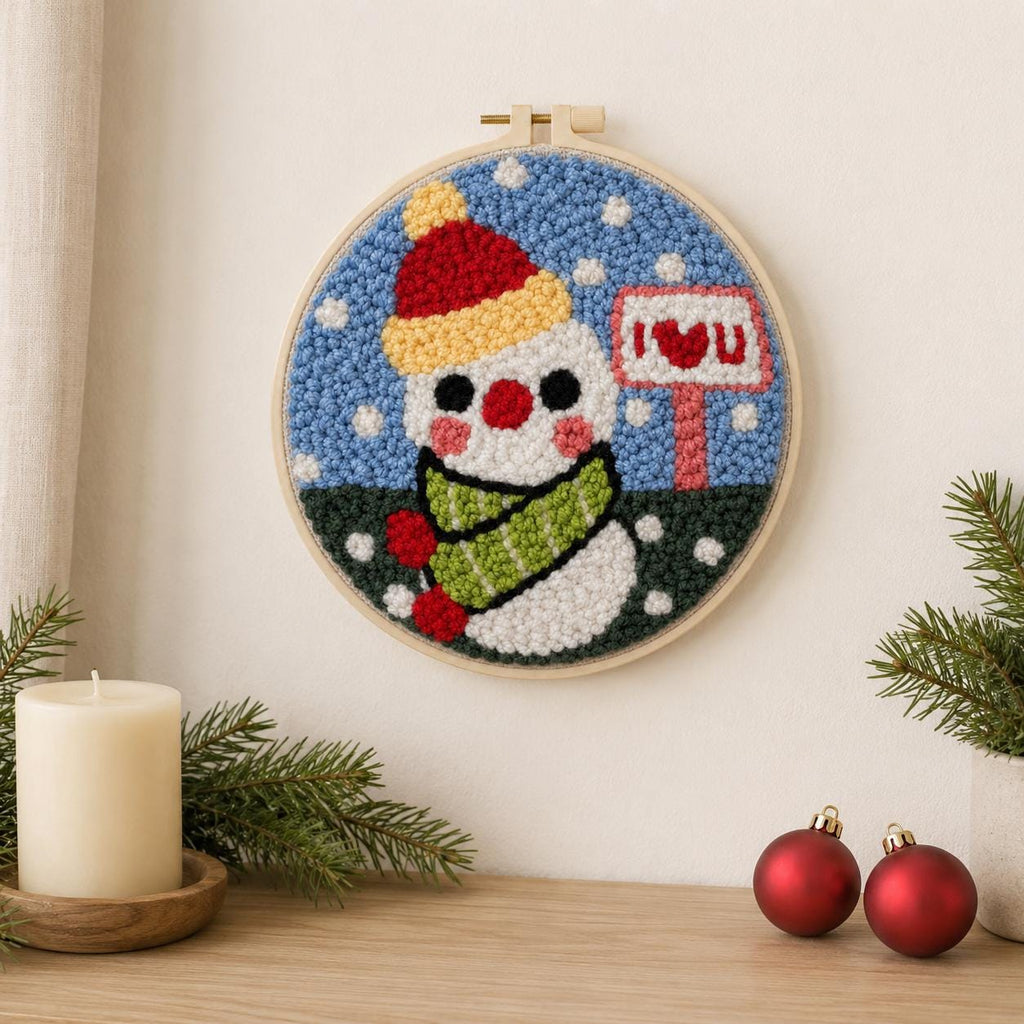Snowman Punch Needle Kit, 20 cm Christmas Embroidery Hoop Art (DIY Starter Set)