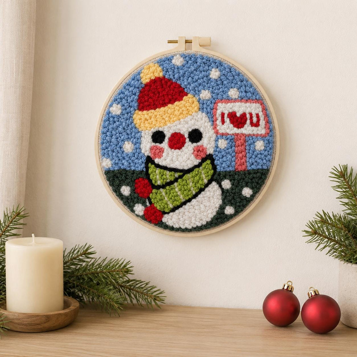 Snowman Punch Needle Kit, 20 cm Christmas Embroidery Hoop Art (DIY Starter Set)