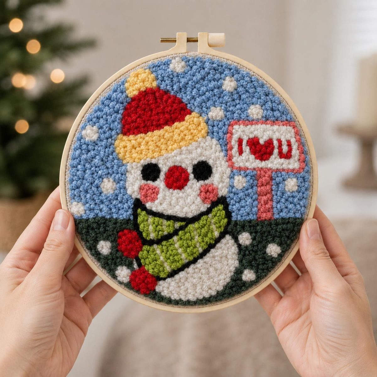 Snowman Punch Needle Kit, 20 cm Christmas Embroidery Hoop Art (DIY Starter Set)