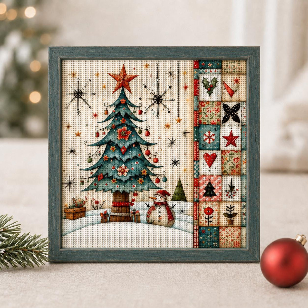 Stamped Christmas Tree Cross Stitch Kit, 30 x 30 cm Pre-Printed Canvas, 11CT or 14CT Winter Needlework for Adults