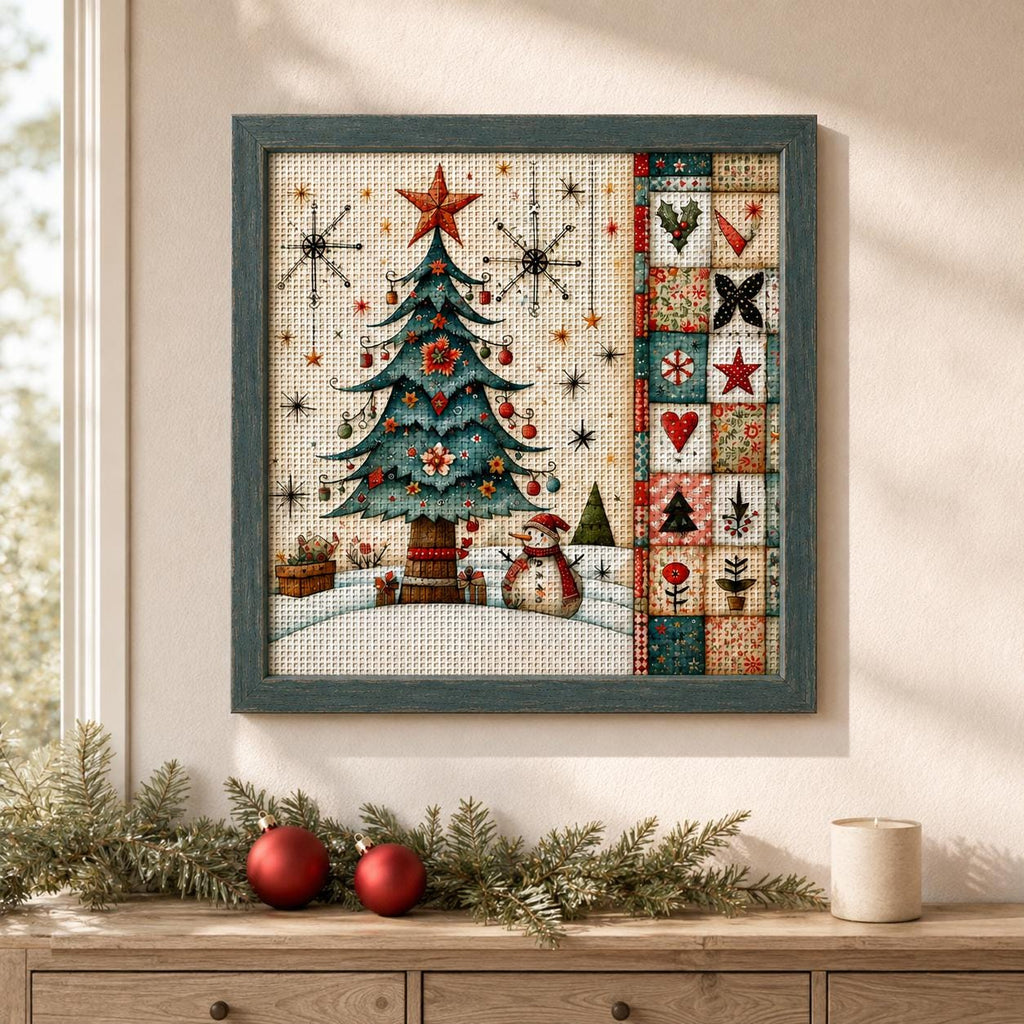 Stamped Christmas Tree Cross Stitch Kit, 30 x 30 cm Pre-Printed Canvas, 11CT or 14CT Winter Needlework for Adults