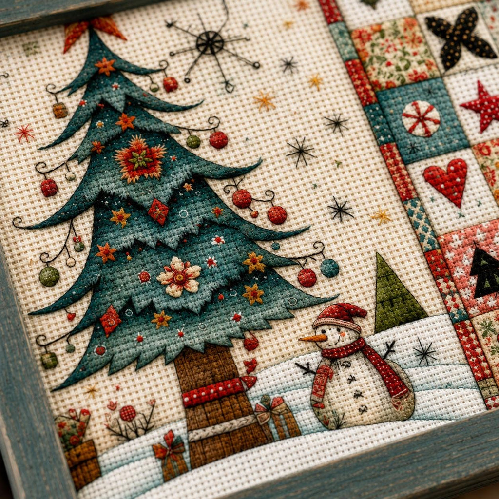 Stamped Christmas Tree Cross Stitch Kit, 30 x 30 cm Pre-Printed Canvas, 11CT or 14CT Winter Needlework for Adults