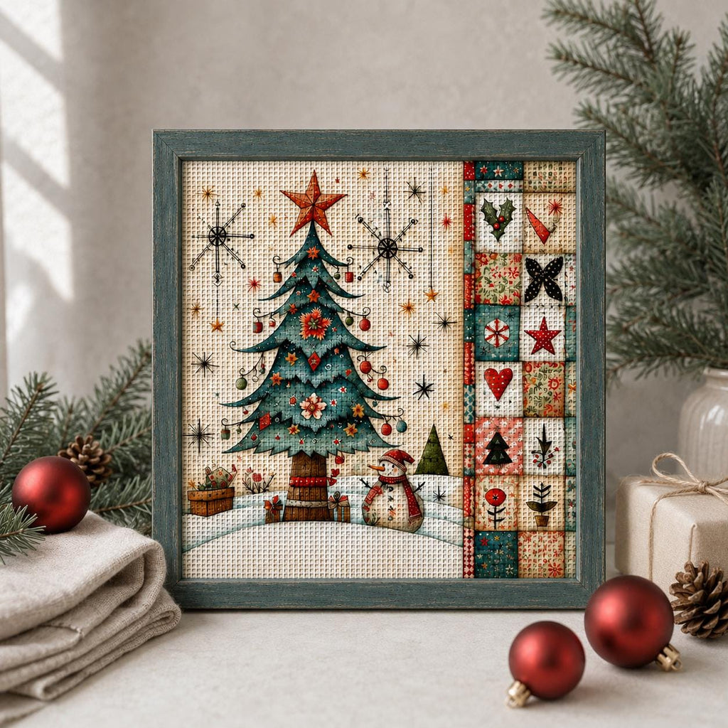 Stamped Christmas Tree Cross Stitch Kit, 30 x 30 cm Pre-Printed Canvas, 11CT or 14CT Winter Needlework for Adults