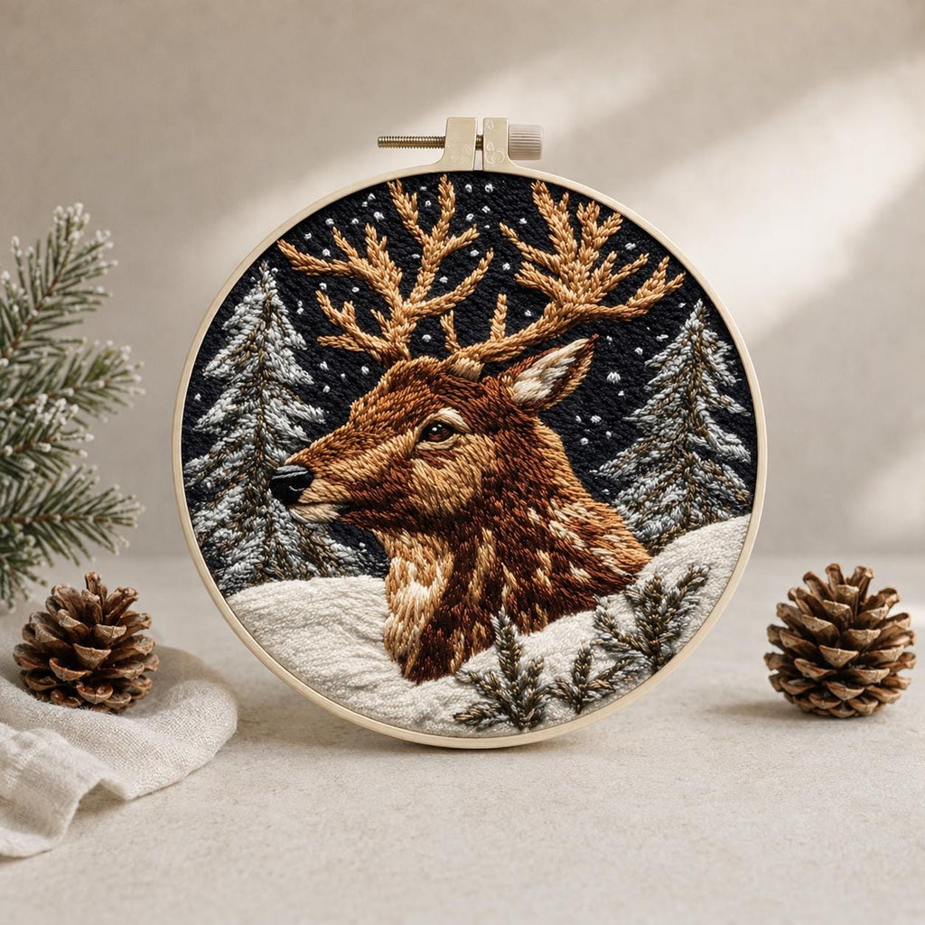 Christmas Deer Embroidery Kit, 15 cm Winter Stag Needlework Set (DIY Craft)
