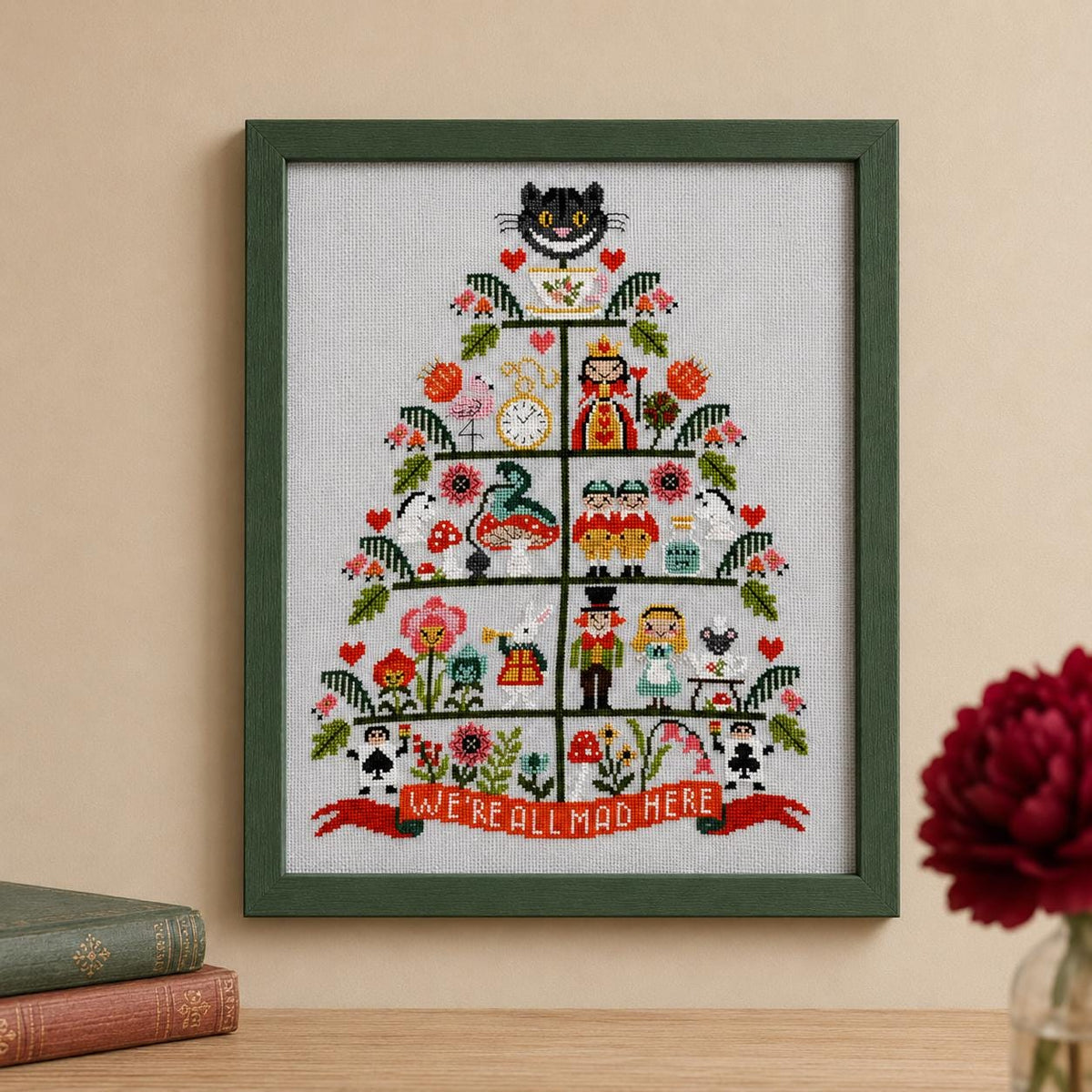 Wonderland Counted Cross Stitch Kit, 18CT Gray Cotton Fabric, Whimsical Storybook Sampler Needlework for Adults