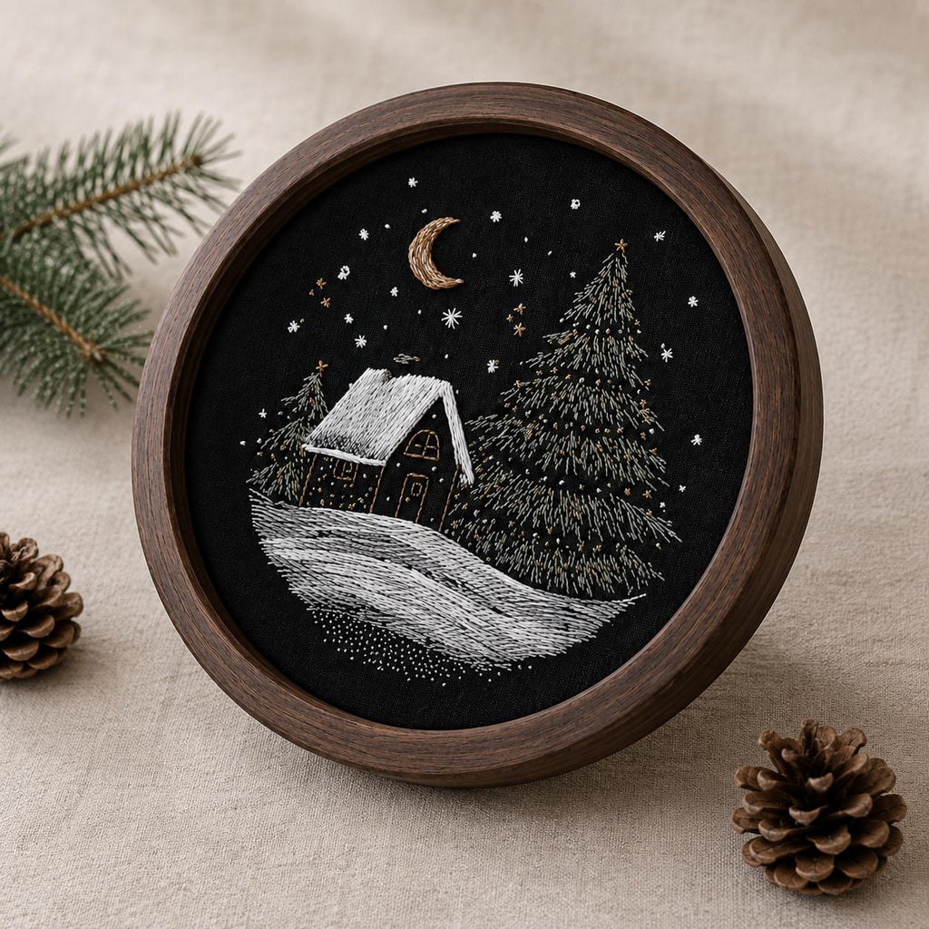 Winter Cabin Embroidery Kit, Snowy Forest Night Scene, Beginner DIY Needlework (20cm)