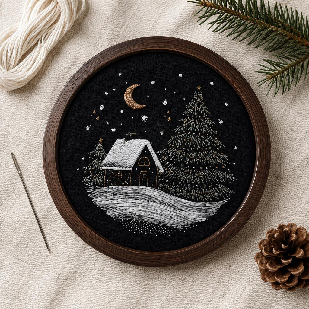 Winter Cabin Embroidery Kit, Snowy Forest Night Scene, Beginner DIY Needlework (20cm)