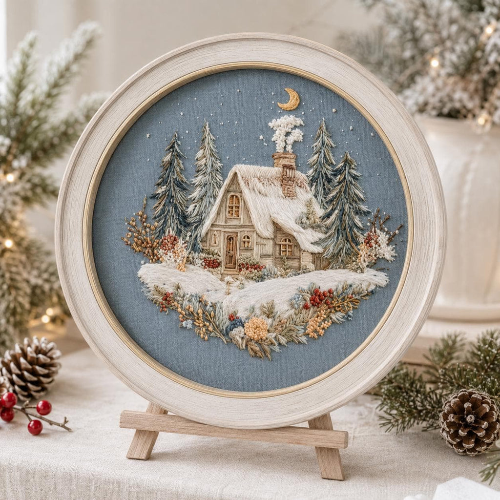 Winter Cottage Embroidery Kit, 20 cm Snowy Cabin Hoop Art (Beginner Friendly)