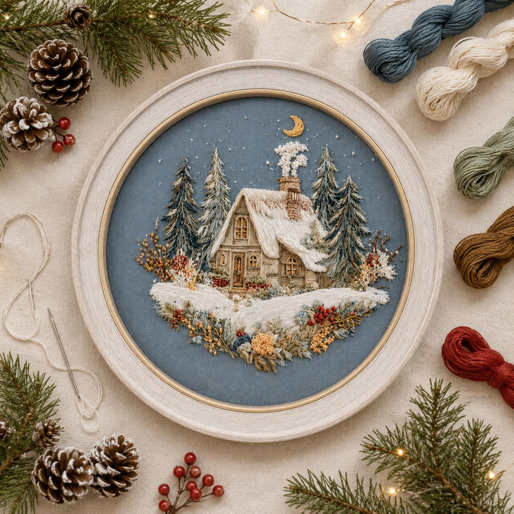 Winter Cottage Embroidery Kit, 20 cm Snowy Cabin Hoop Art (Beginner Friendly)