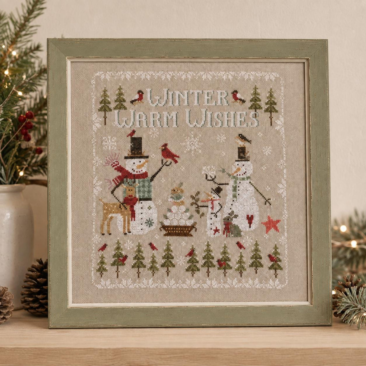 Stamped Winter Cross Stitch Kit, 28CT Pre-Printed Canvas, Snowmen and Reindeer Christmas Sampler, 37 x 40 cm Needlework Set