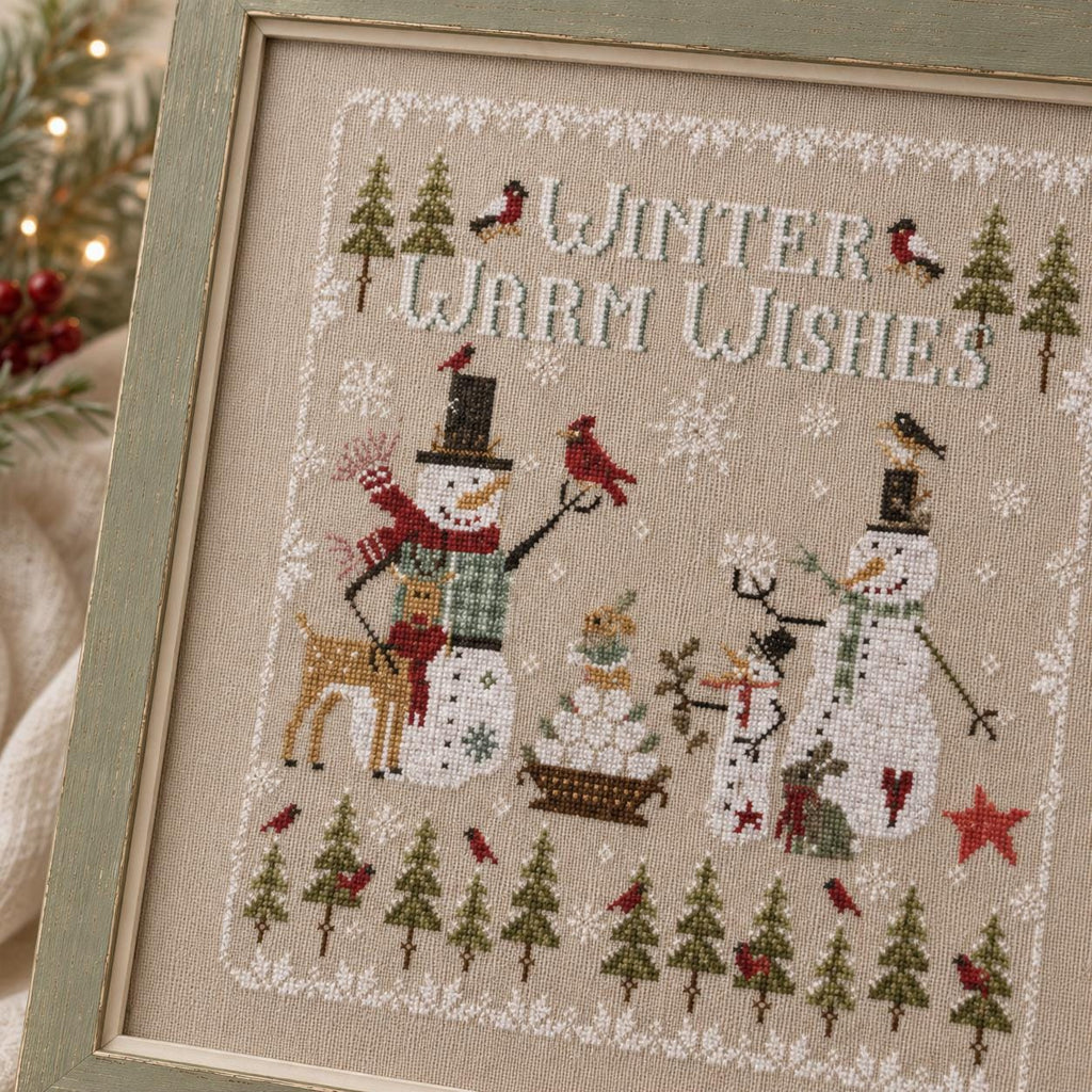 Stamped Winter Cross Stitch Kit, 28CT Pre-Printed Canvas, Snowmen and Reindeer Christmas Sampler, 37 x 40 cm Needlework Set