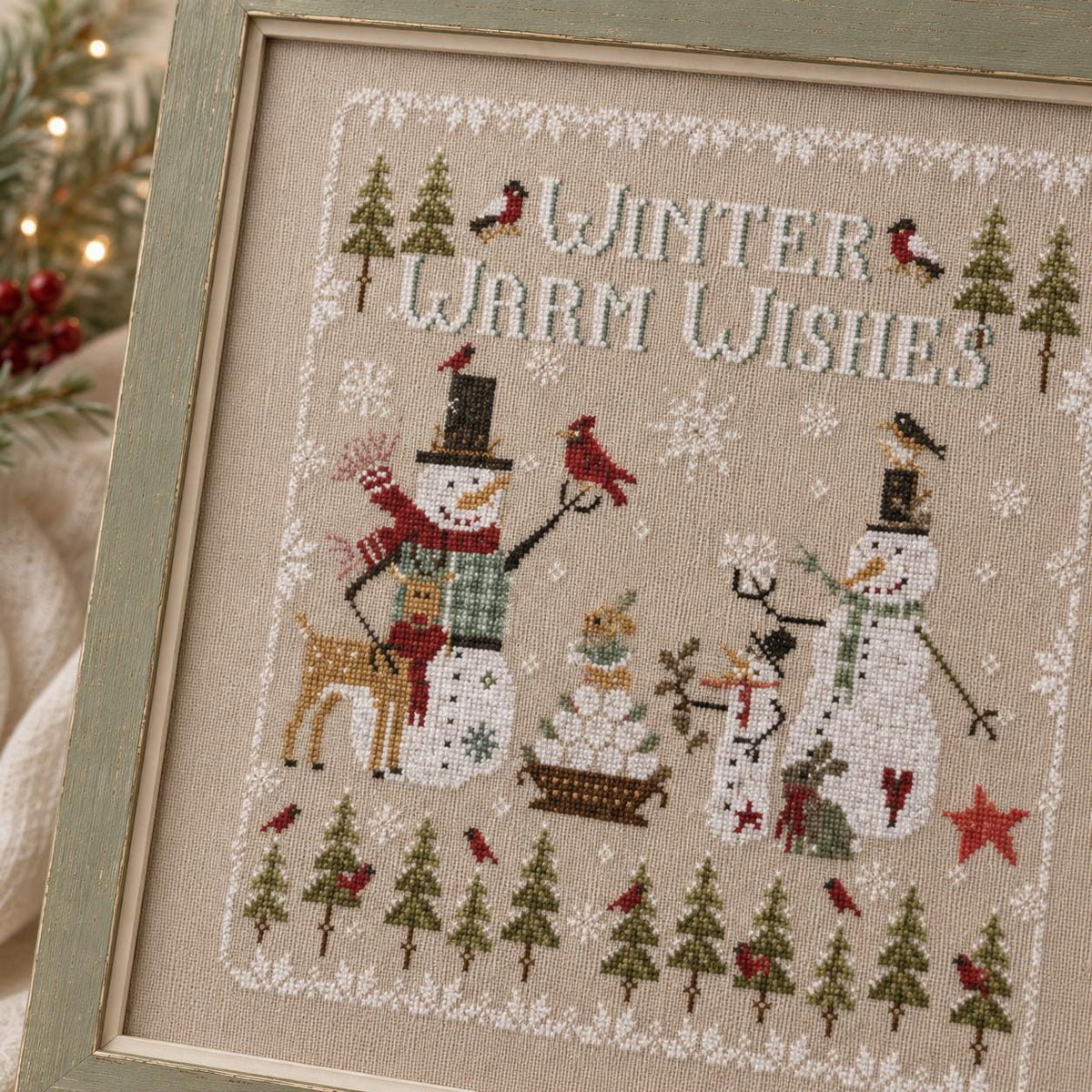 Stamped Winter Cross Stitch Kit, 28CT Pre-Printed Canvas, Snowmen and Reindeer Christmas Sampler, 37 x 40 cm Needlework Set