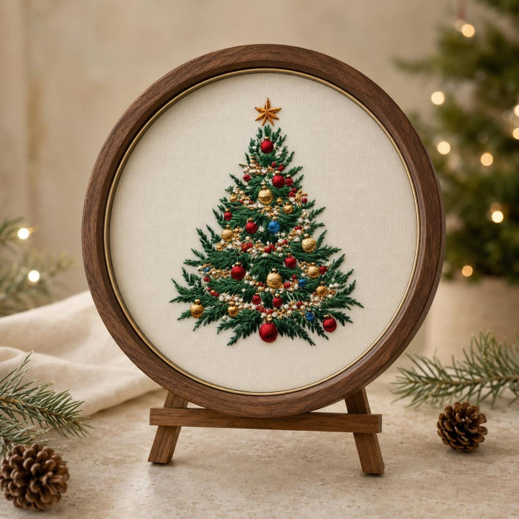 Christmas Tree Hand Embroidery Kit, 15 cm Beginner DIY Needlework Set with Hoop, Holiday Craft Gift for Adults
