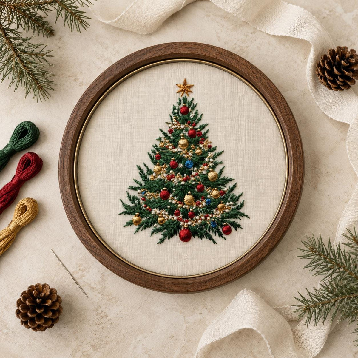Christmas Tree Hand Embroidery Kit, 15 cm Beginner DIY Needlework Set with Hoop, Holiday Craft Gift for Adults