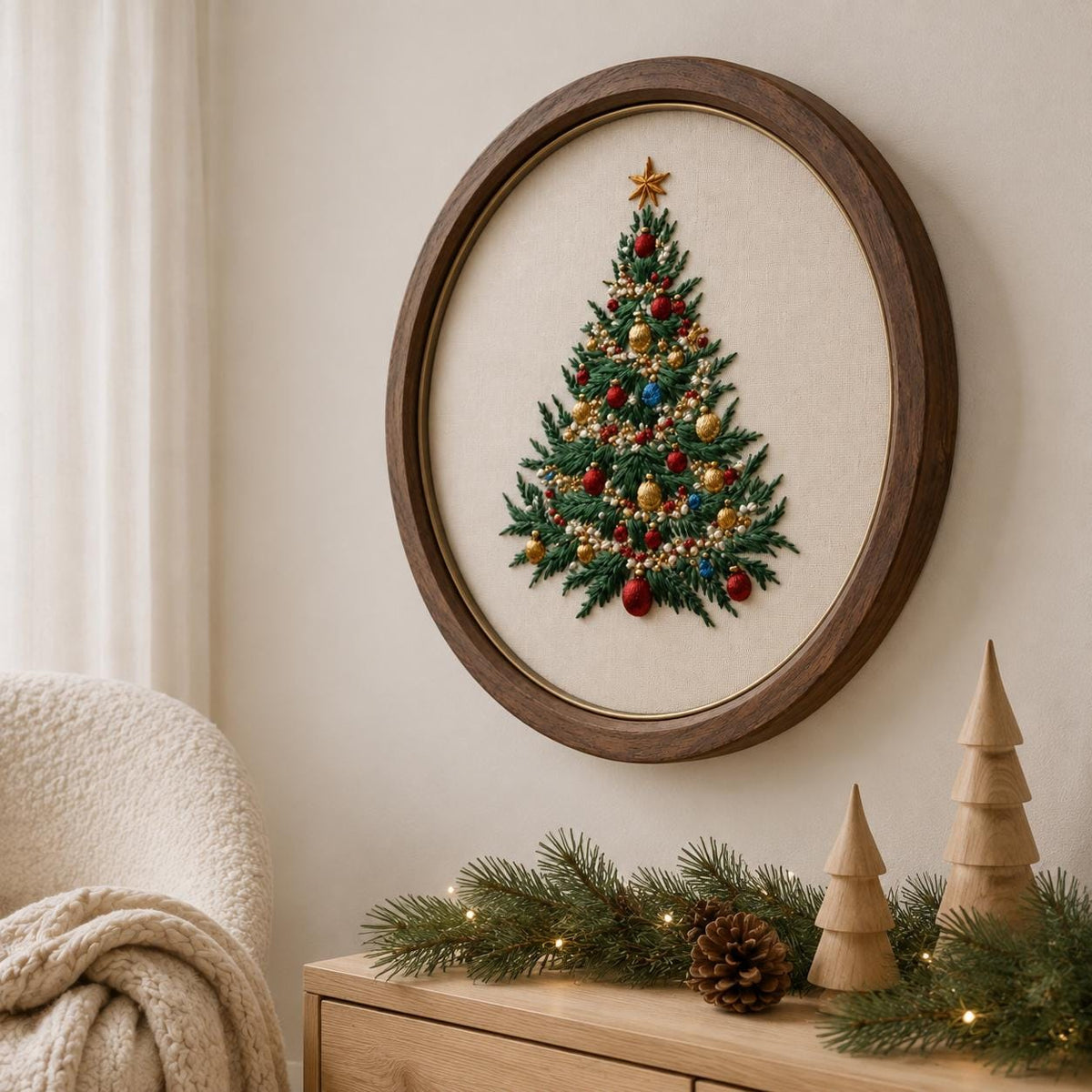 Christmas Tree Hand Embroidery Kit, 15 cm Beginner DIY Needlework Set with Hoop, Holiday Craft Gift for Adults