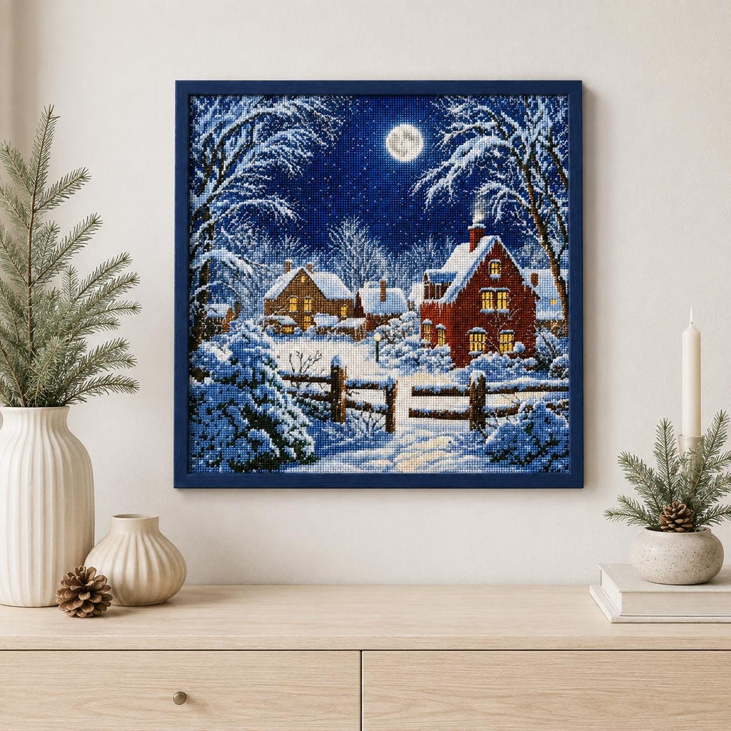 Stamped Winter Village Cross Stitch Kit, 14CT Printed Canvas, 40 x 40 cm Christmas Cottage Needlework for Adults