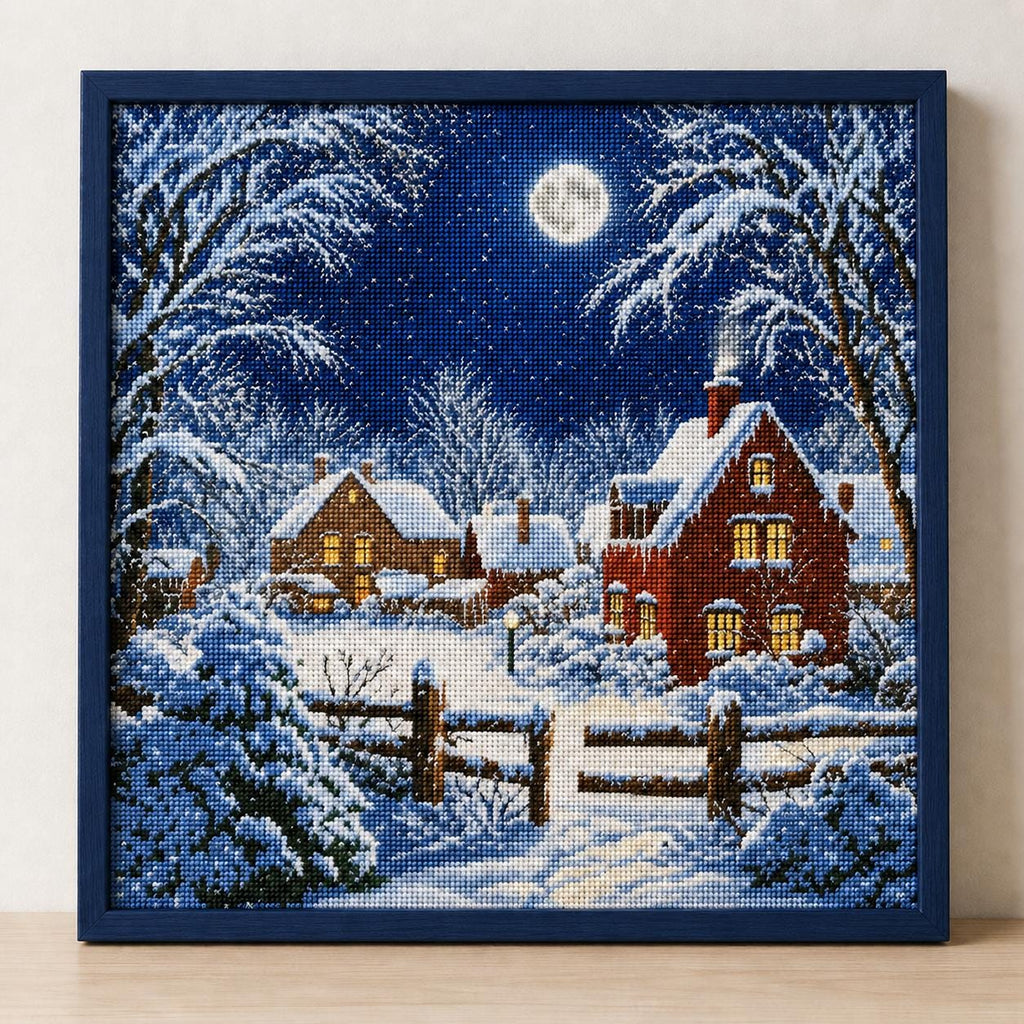 Stamped Winter Village Cross Stitch Kit, 14CT Printed Canvas, 40 x 40 cm Christmas Cottage Needlework for Adults