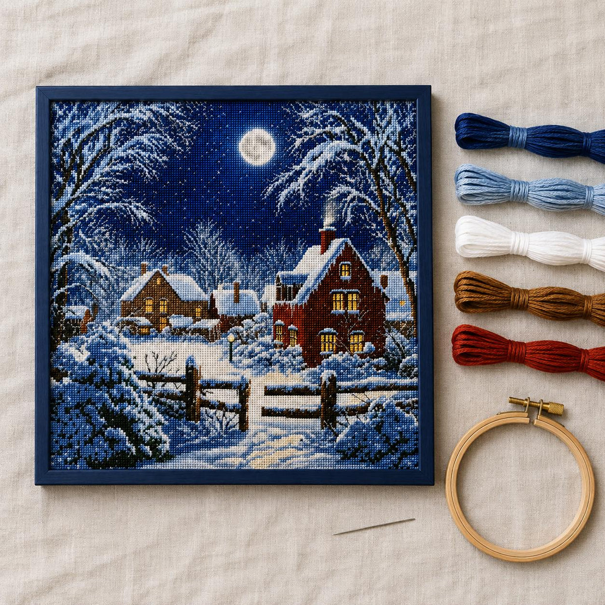 Stamped Winter Village Cross Stitch Kit, 14CT Printed Canvas, 40 x 40 cm Christmas Cottage Needlework for Adults