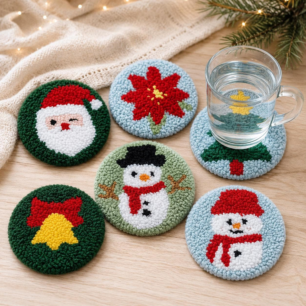 Christmas Punch Needle Coaster Kit, Set of 6 Festive DIY Mug Rugs, Beginner Holiday Craft Kit and Creative Gift for Adults