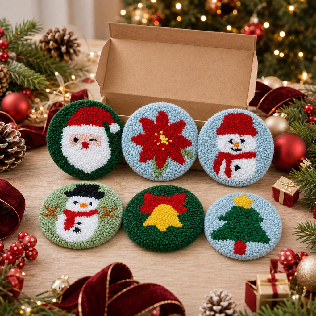 Christmas Punch Needle Coaster Kit, Set of 6 Festive DIY Mug Rugs, Beginner Holiday Craft Kit and Creative Gift for Adults