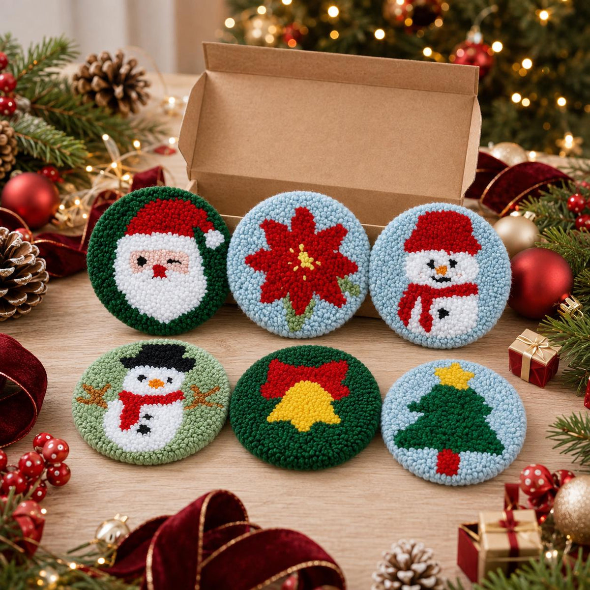 Christmas Punch Needle Coaster Kit, Set of 6 Festive DIY Mug Rugs, Beginner Holiday Craft Kit and Creative Gift for Adults