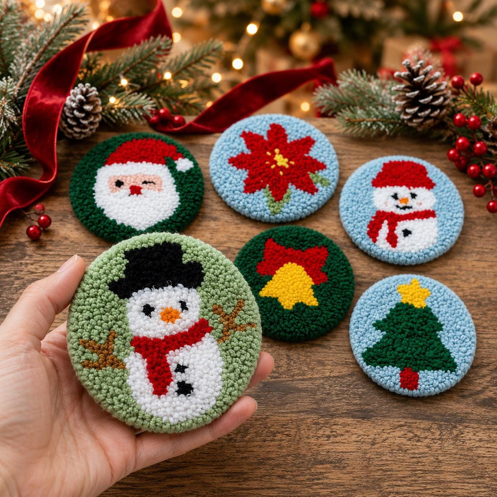 Christmas Punch Needle Coaster Kit, Set of 6 Festive DIY Mug Rugs, Beginner Holiday Craft Kit and Creative Gift for Adults