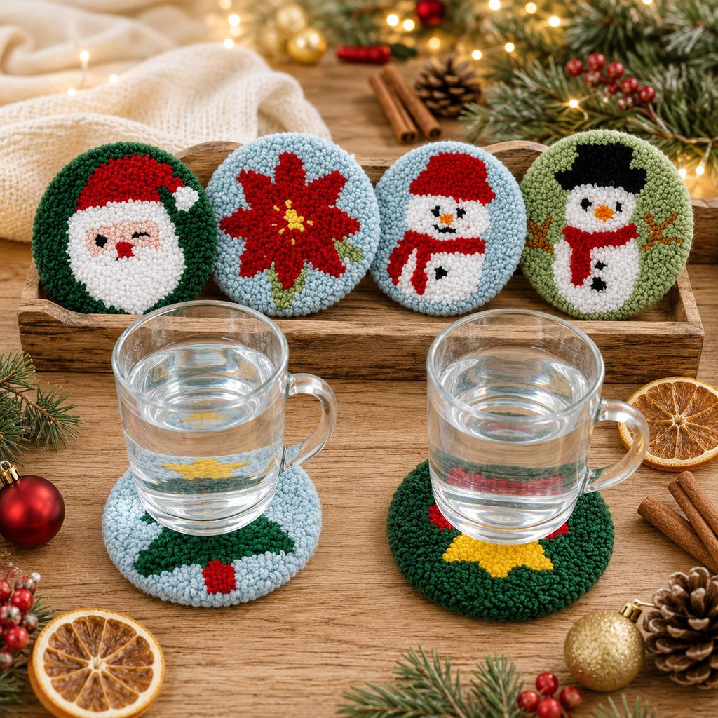 Christmas Punch Needle Coaster Kit, Set of 6 Festive DIY Mug Rugs, Beginner Holiday Craft Kit and Creative Gift for Adults