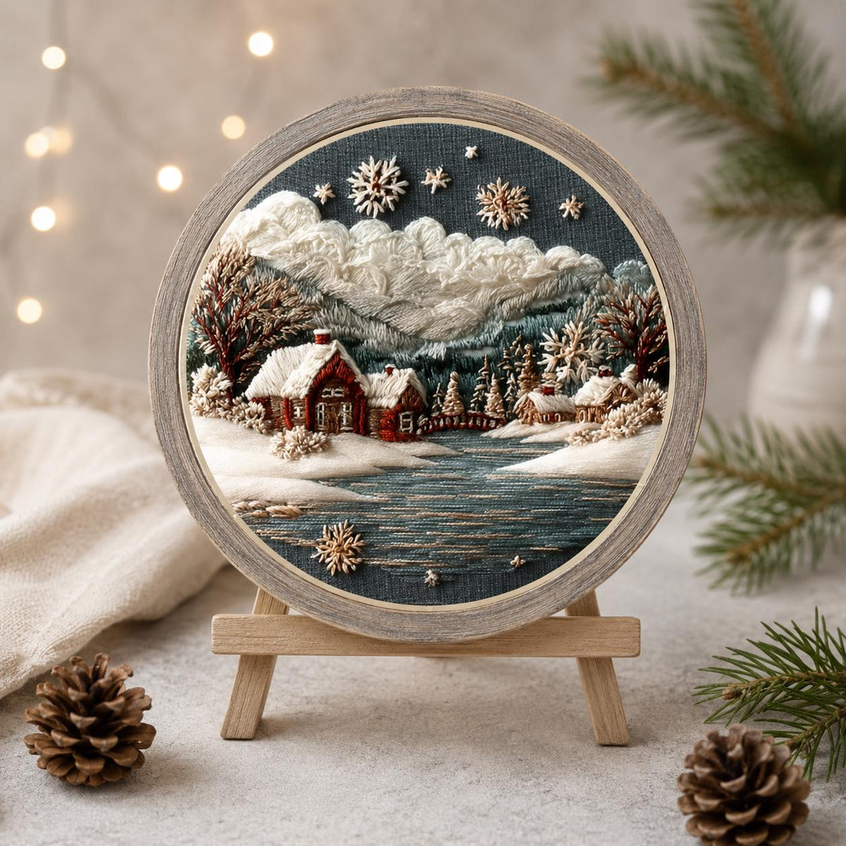 Winter Cottage Embroidery Kit, 20 cm Snowy Landscape Hoop Art (DIY Needlework)