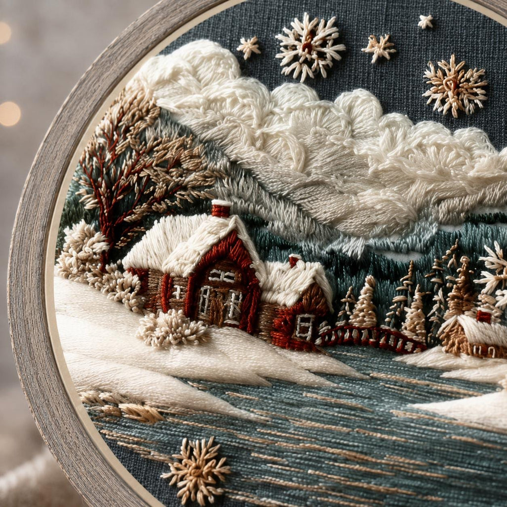 Winter Cottage Embroidery Kit, 20 cm Snowy Landscape Hoop Art (DIY Needlework)