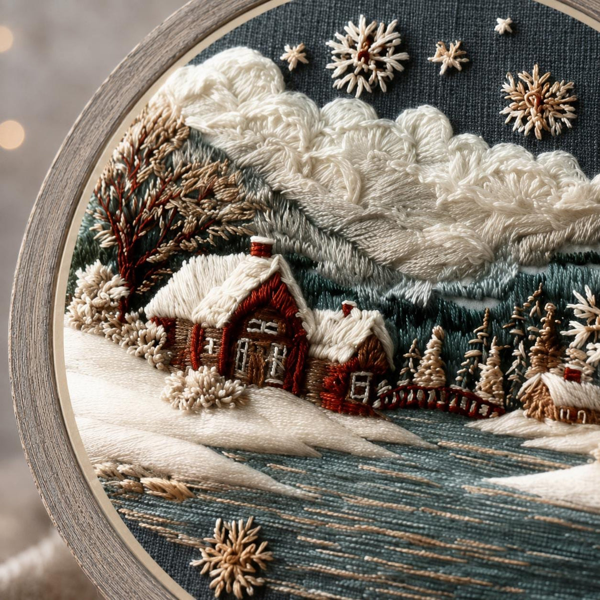 Winter Cottage Embroidery Kit, 20 cm Snowy Landscape Hoop Art (DIY Needlework)