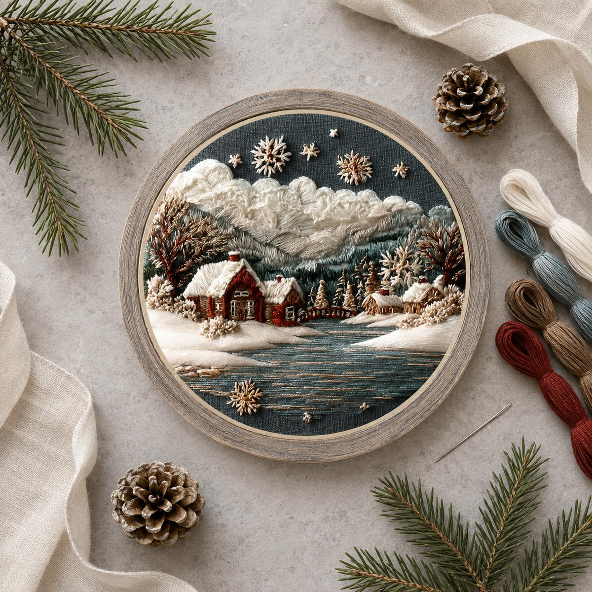Winter Cottage Embroidery Kit, 20 cm Snowy Landscape Hoop Art (DIY Needlework)