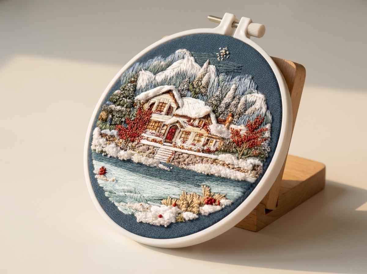 Winter Cottage Embroidery Kit, 20 cm Snowy Landscape Hand Embroidery Set with Hoop, Christmas Needlework Gift for Adults
