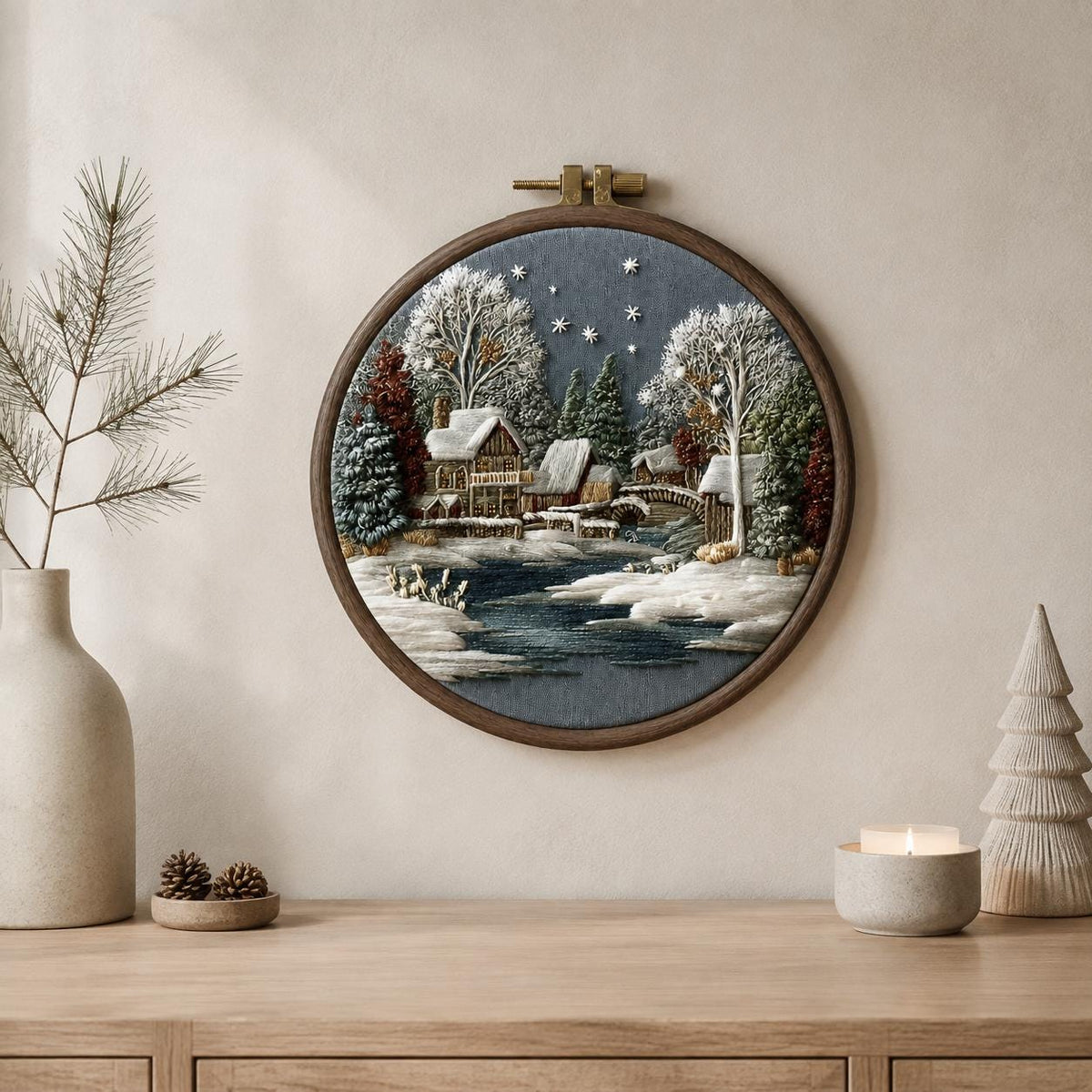 Winter Cottage Embroidery Kit, 20 cm Snowy Village Hoop Art (DIY Needlework)
